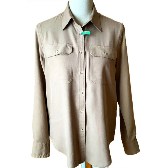 LAUREN RALPH LAUREN Neutral Silk Button Down Shirt Size M - Picture 1 of 12